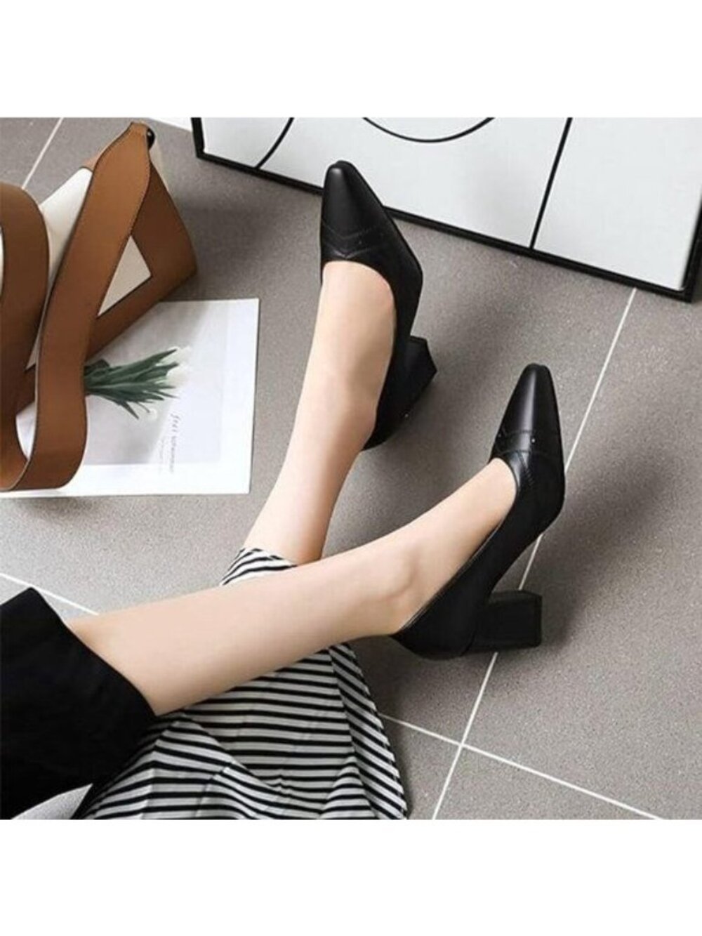 Chunky High Heel Pumps for Women Pointed Closed Toe Slip On Block Heeled Formal